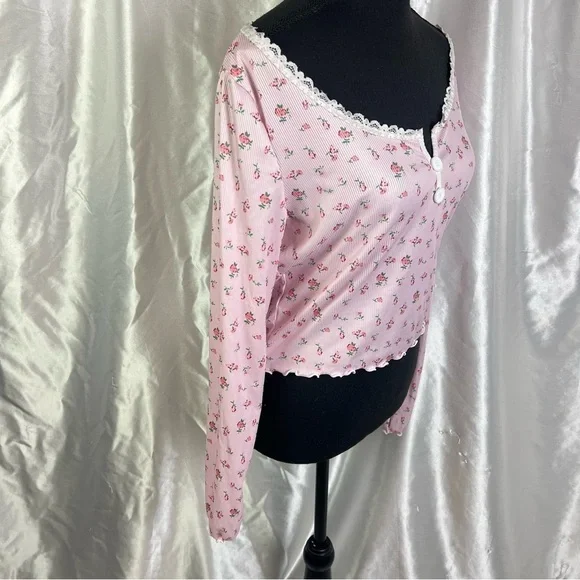 Floral Pink Long Sleeve Crop Top – Cottagecore Y2K Romantic Ruffle Blouse - Picture 6 of 6